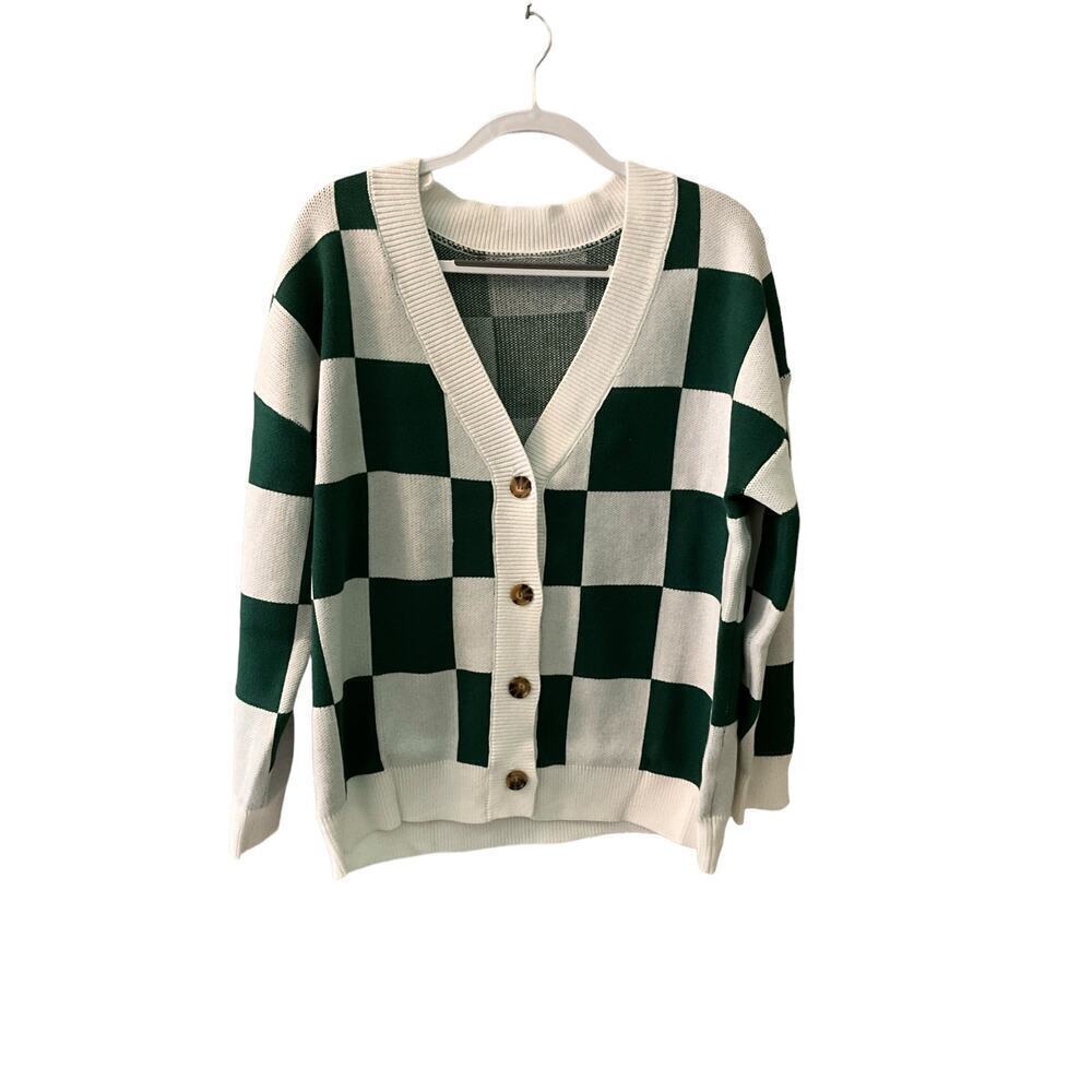 Women's L Cardigan Sweater White/Green Checkered‎ Dropped Shoulder Button-Detail